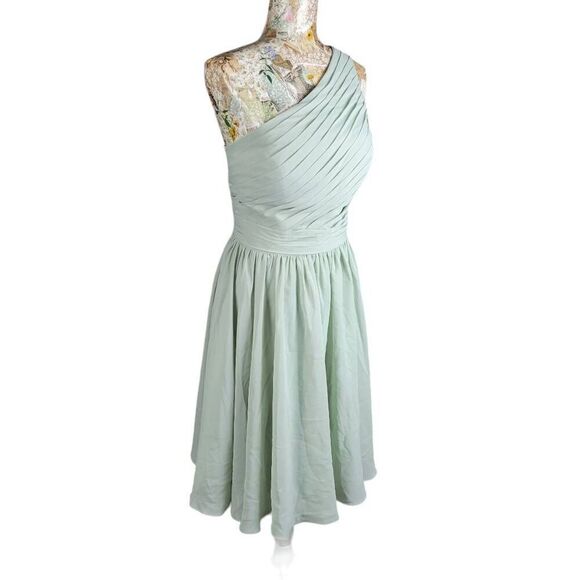 Cocktail Dress One Shoulder Light Green Chiffon Knee Length Special Occasion - Picture 7 of 11